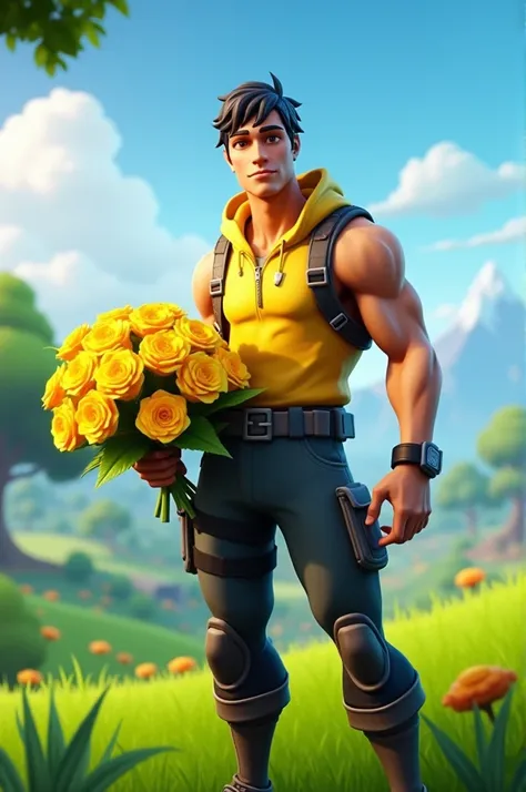 Create an image with a male Fortnite character delivering some yellow flowers and say “Yellow flowers for Jhosan”