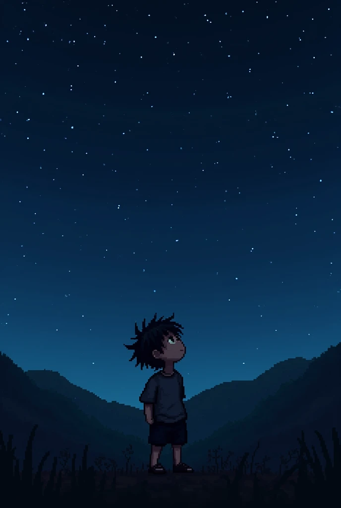 Pixel art of a dark-haired boy with white hair looking at the stars 