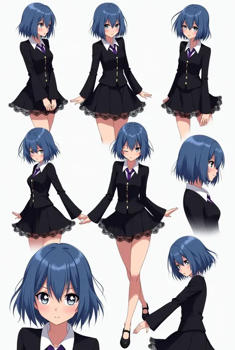 Anime woman with black school uniform with lace skirt, short blue hair and white eyes with 8 different poses 