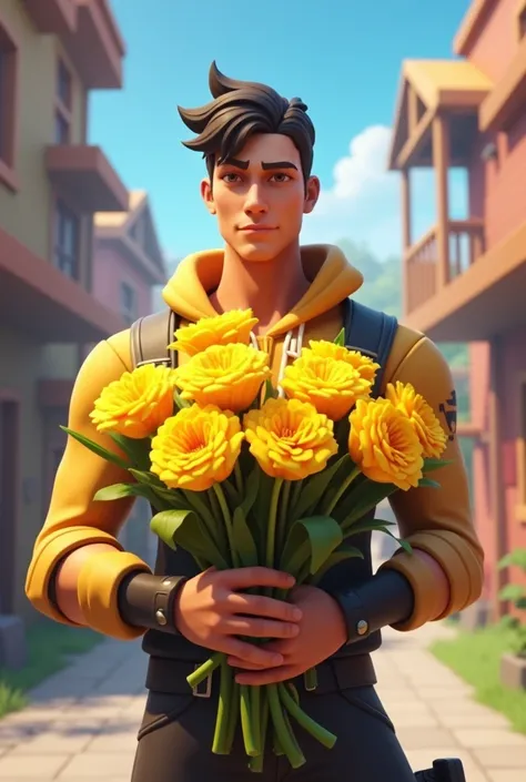 Create an image with a male Fortnite character delivering some yellow flowers and have a text that says “Yellow flowers for Jhosan”