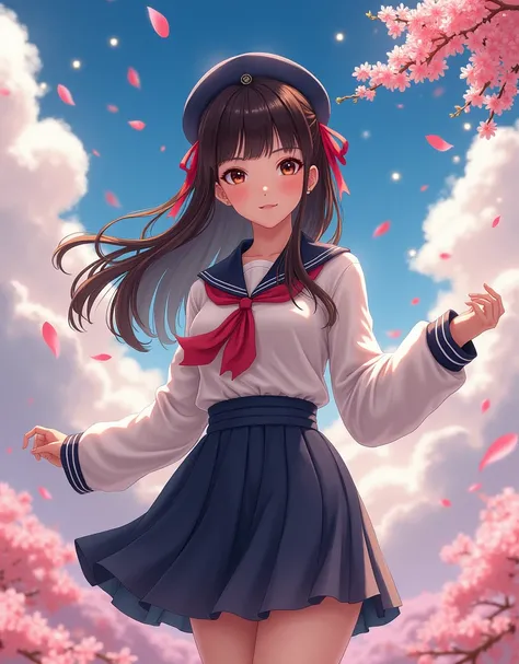 A fantastical scene featuring a realistic Japanese woman with long, flowing, dark brown hair adorned with vibrant red ribbons. She wears a traditional yet playful sailor-inspired outfit, incorporating modern fashion elements like a flared skirt and a styli...