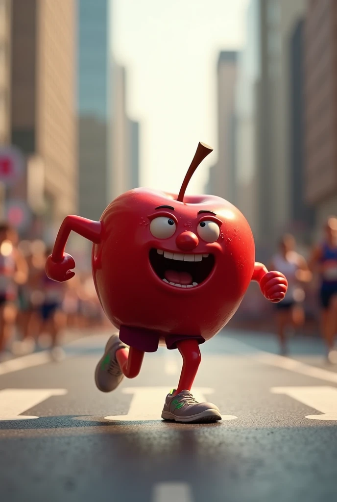 an apple running in a marathon almost to the finish line