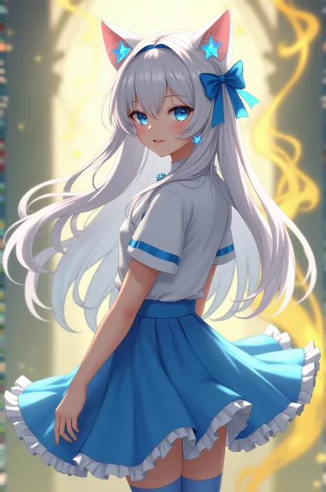 She has long white hair, cat ears, a blue ribbon on the top of her ears, star-shaped blue earrings, bright blue eyes, and blue stockings with white skin., A girl of about twenty wearing a blue skirt, a white T-shirt with blue edges, and a diamond necklace ...