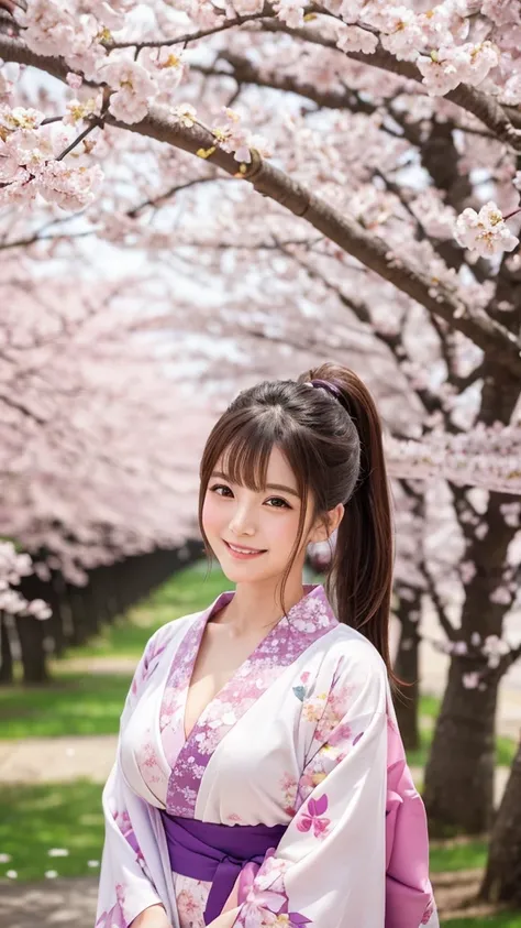 A woman with a cute face like a Japanese gravure idol、Her hair is light brown、ponytail（Up）、A luxurious and beautiful purple kimono、Beautifully printed with cherry blossom petals、Smiling for the camera、Large Breasts,  Very white and beautiful skin、A toned a...