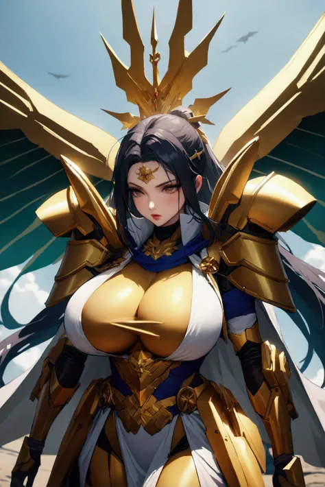 Woman in ninja armor, red and gold robotics, white details, with crystal on the forehead, wm sea combat. With giant wings. blue and gold, Monarchy clothing. giant breasts 