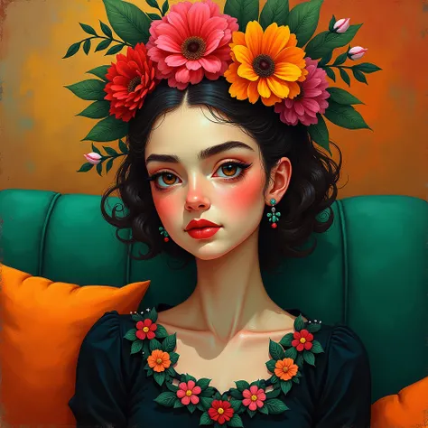 (Oskar Kokoschka style:1.2),(Abstract expressionist art:1.2)girl, your eye must be funny, covered in flowers and her lip and nose are just visible, curly brown hair,wearing a black dress with flowers on the collar detail, detailed,Frida Khalo flower crown,...