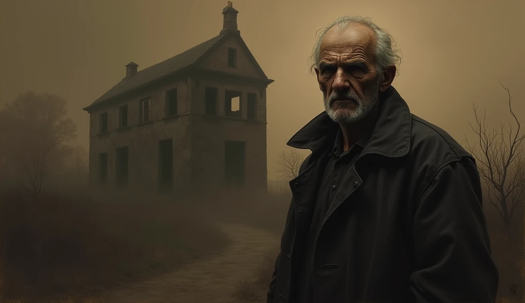 digital painting, oil color, background darkbrown, old man standing with background building like film horror