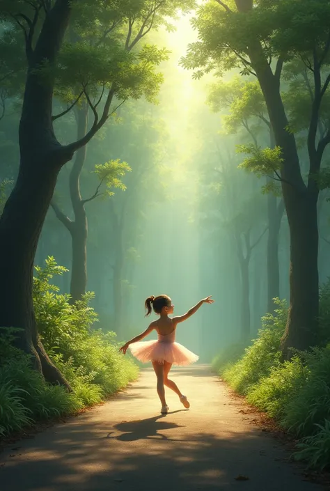 a girl who dances young ballet in the middle of two roads in the middle of a forest with the title garotinho 