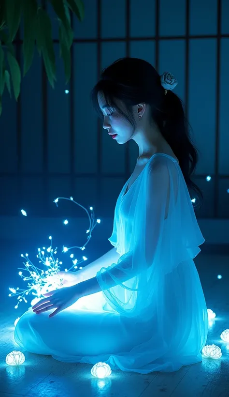 realistic photography, fantasy, a grin beautiful Japanese woman 25yo., sitting on dark room, wearing white Chiffon fabric thai dress flowing., kneel sit ,creating glowing flowers spelling out the words text "Nuttawan", glowing blue light, dynamic color, th...