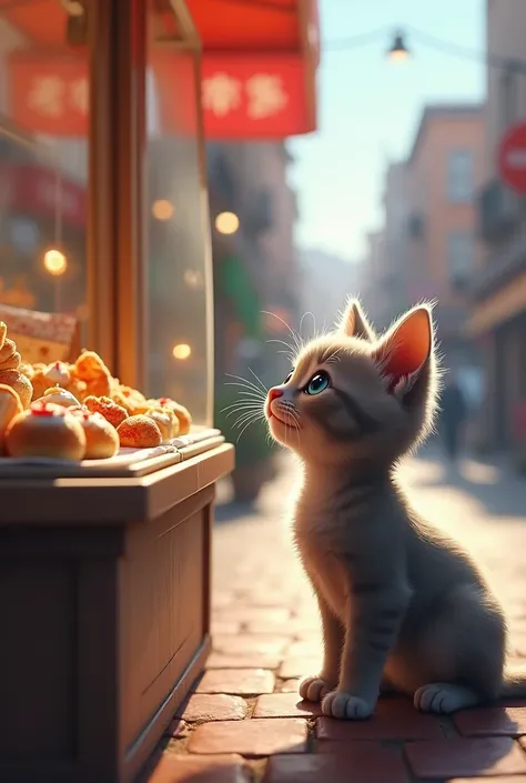 Image of a gray kitten looking at a roadside food shop. The cat is looking at the window of a food shop., Inside you can see delicious food on display. her eyes sparkled, but his footsteps hesitated.