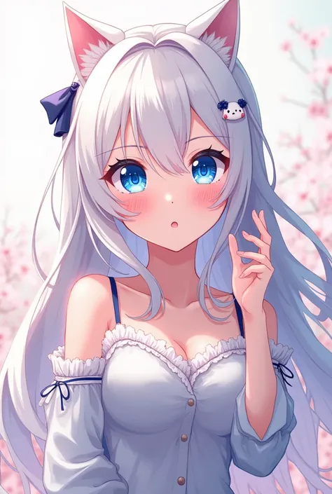 Generates an anime style girl with very bright blue eyes and cute long white hair, big breasts, cute clothes and pink cheeks