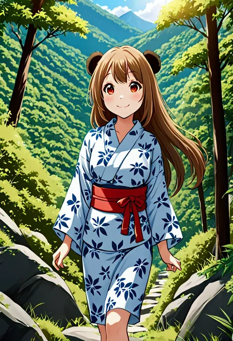 Panda  girl walking in the mountain, panda girl long hair red eyes, yukata, forest in mountain, girl, happy smile, shy girl, cutie, kawaii, sunny day.