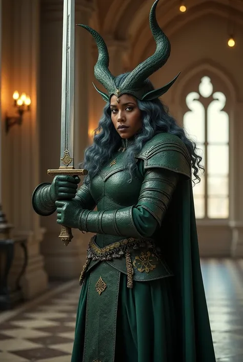 (photorealism:1.2), puerto rican looking, magical nonbinary creature, brown skin, standing, wearing dark green armor, holding a silver sword, long silvery dark blue hair, with horns, indoors, warm lighting, royal castle in background, window with nightligh...