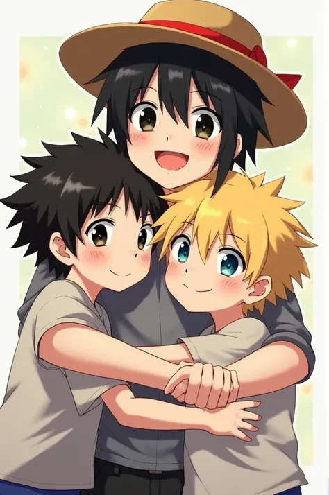 1 teenager smiling, black eyes and black hair with hair down to his neck and a straw hat with a red ribbon, hugging two 1 boys, one black-haired with noticeable freckles and the other blond with blue eyes. The three with a smile 