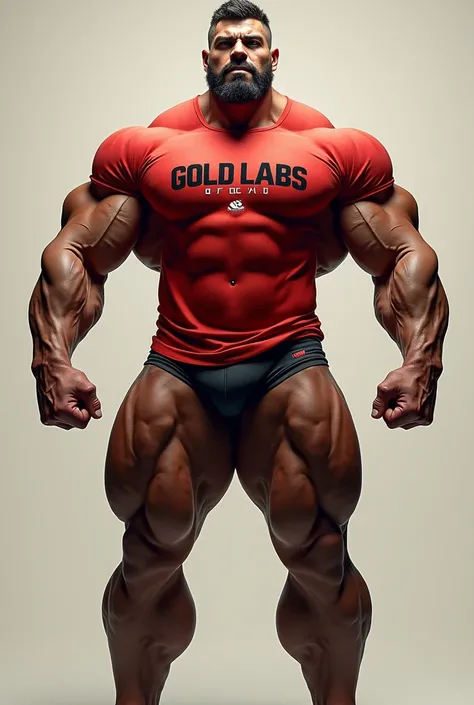 Create a very strong bodybuilder by wearing a red shirt with the word GOLD LABS OFFICIAL clearly visible on it. 