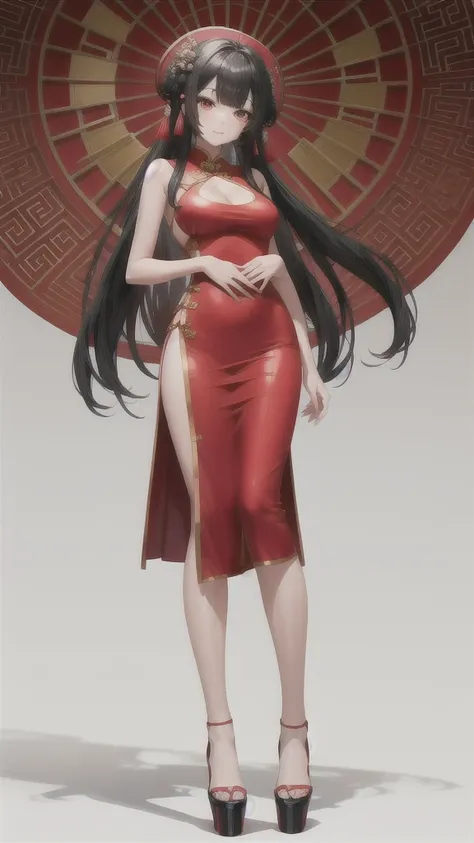 black hair, dumpling head, Big  Beauty，Red cheongsam suit，Chinese style long skirt，cleavage，Bare arms，slim figure，Thin legs，white socks，High heels，Standing，hotel