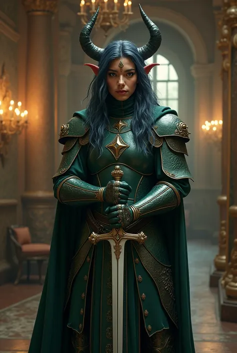 (photorealism:1.2), puerto rican looking, magical nonbinary creature, brown skin, standing, wearing dark green armor, holding a silver sword, long silvery dark blue hair, with horns, indoors, warm lighting, royal castle in background, window with nightligh...