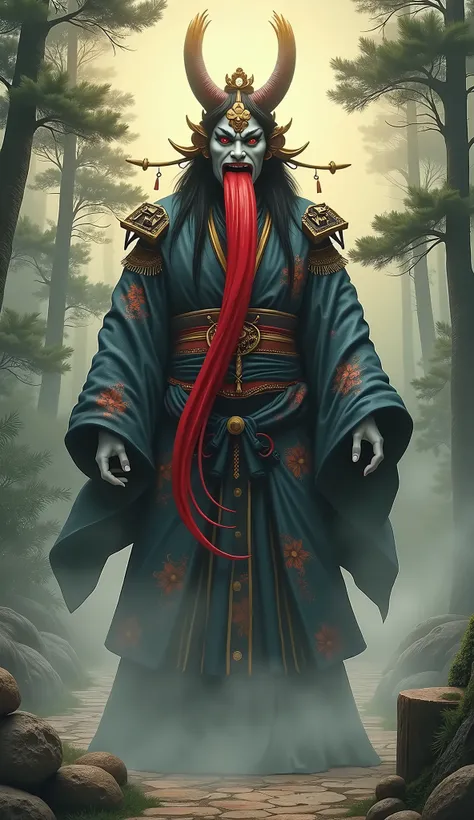 "A powerful and mysterious deity named Akashida-no-Kami is depicted in the traditional Japanese style, standing majestically with a long, vibrant red tongue. The deity stands imposingly in Shinto ceremonial garb with an ethereal glow surrounding him. The b...