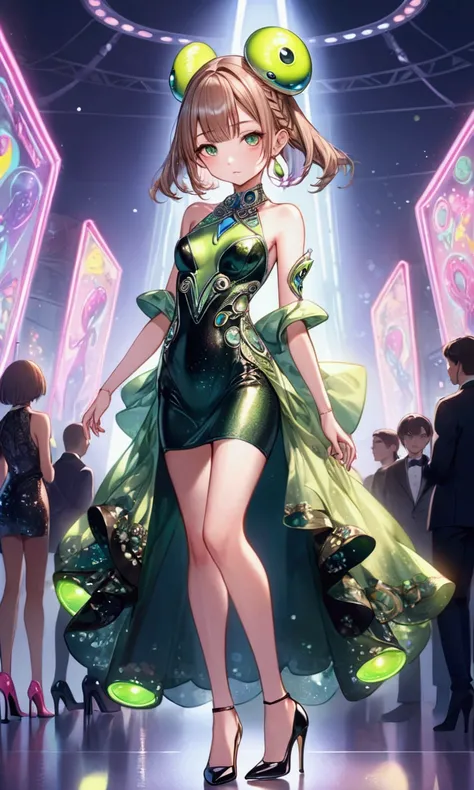 cute yuna (age 25, in the role of a sexy green alien, alien glamorous dress with sequin details, high heel with neon high lights), she has an unimpressed look, model strut down alien runway