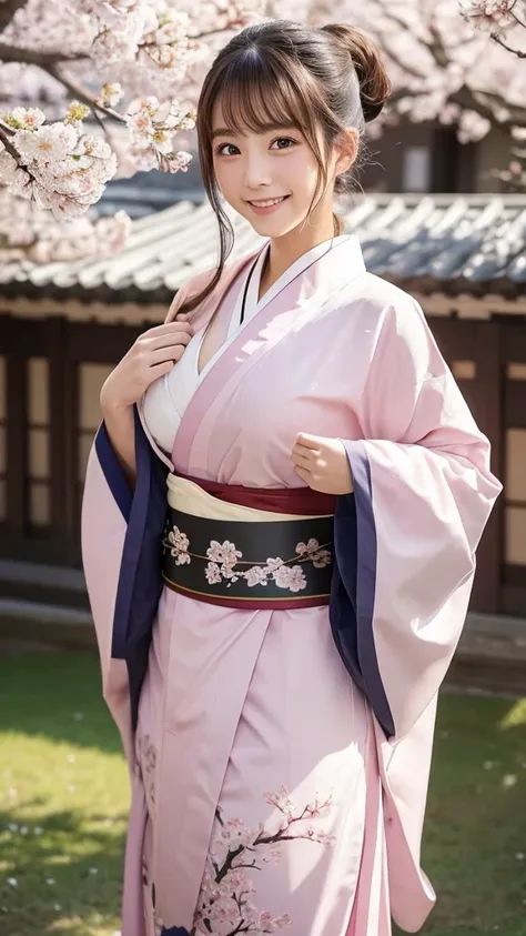 A woman with a face like a cute Japanese gravure idol、Her hair is light brown、ponytail（up）、A gorgeous and beautiful black kimono、High-class long-sleeved kimono、Yuzen、Smiling at the camera、Large Breasts,  Very white and beautiful skin、A toned and healthy ph...