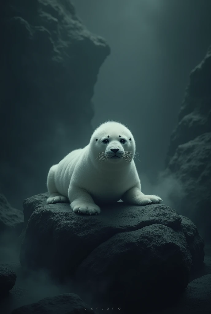 White seal  in mystery place with dark background 