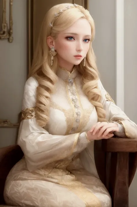 woman, noble duchess, pearly blonde hair, light eyes, fair skin, noble clothes.