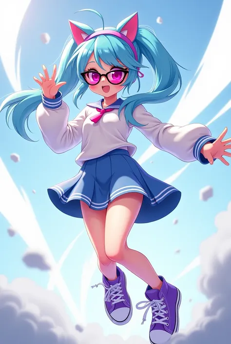 Crash animation with light blue hair white rays white shirt blue skirt with white edges and purple conver shoes pink sunglasses with black and cat headband game girl