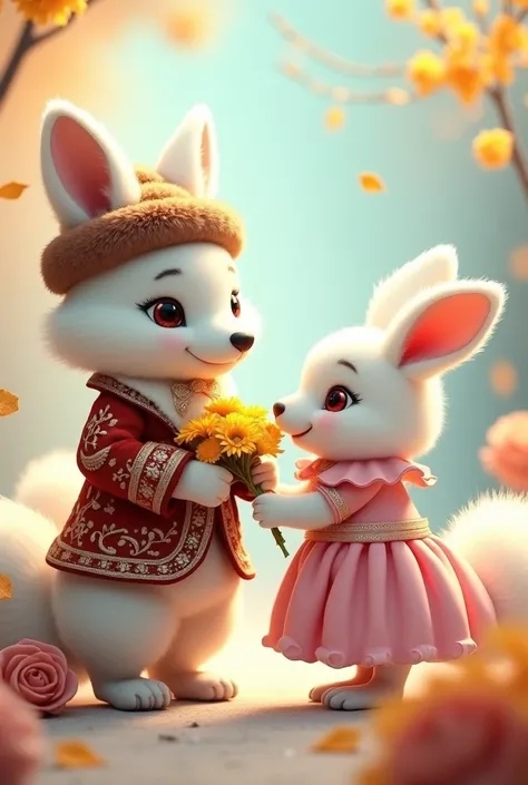 Arctic fox dressed as a Russian, giving her yellow flowers, a white rabbit with red eyes in a pink dress, anime style, Furry Style