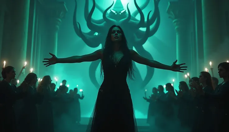 A beautiful woman, the evil cult leader, standing with open arms, surrounded by worshipful believers, as a Cthulhu, an evil god from another world, emerges, an evil aura filling the air, a sacrificial ritual underway, (best quality,4k,8k,highres,masterpiec...