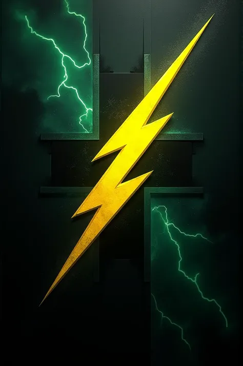 A horizontal flag with a cool yellow thunder bolt going from one corner to another and then a cross going to one corner to another with a black and green background 