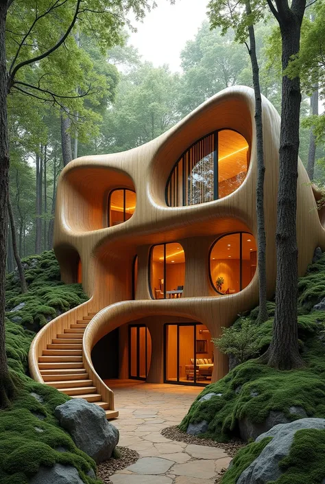 Architectural Design、Gaudi style architecture、Modern house made of wood、Functional design、Calculated traffic flow、moss、Warm lighting、A building that blends into the forest、Standing in the forest、moss、