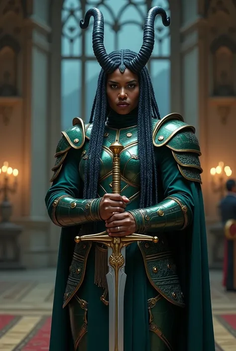 (photorealism:1.2), puerto rican looking, magical nonbinary creature, brown skin, standing, wearing dark green armor, holding a silver sword, long braided silvery dark blue hair, with dark blue 
horns, indoors, warm lighting, royal castle in background, wi...