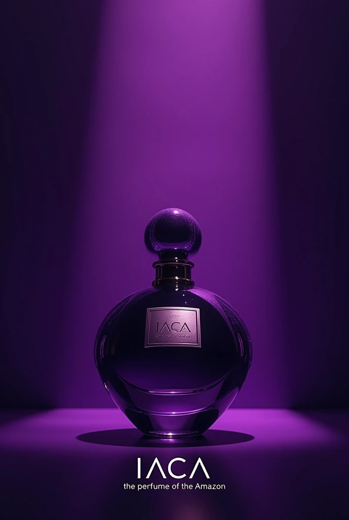 Design should focus on catching the attention of passersby, with the image of the bottle "Iaça" highlighted on a deep purple background. The text should be short and directly attention-grabbing., SOM: "Iaça: The Perfume of the Amazon."
