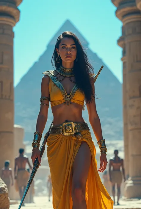 ((Best Quality、8k、masterpiece:1.3))、Photorealistic, Sharp focus, High image quality, High resolution, Portraiture, One person, woman, beautiful woman, sexy、古代エジプトを歩くエジプトのwoman戦士、Complex technology, Pyramids and ancient Egyptian cities far away、cyber-、Light...