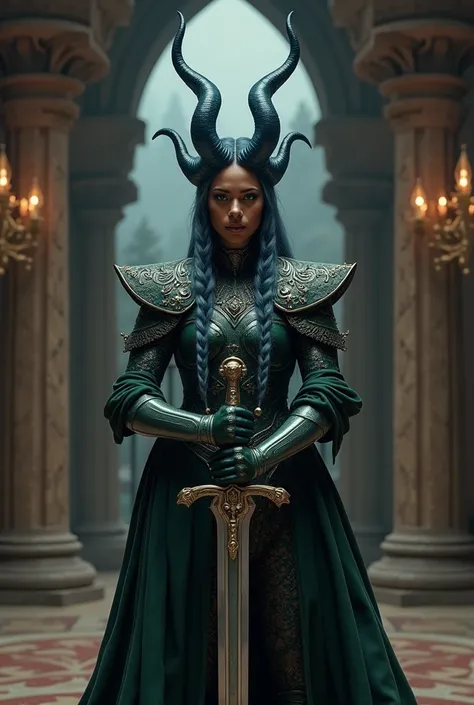 (photorealism:1.2), puerto rican looking, magical nonbinary creature, brown skin, standing, wearing dark green armor, holding a silver sword, long braided silvery dark blue hair, with dark blue 
horns, indoors, warm lighting, royal castle in background, wi...