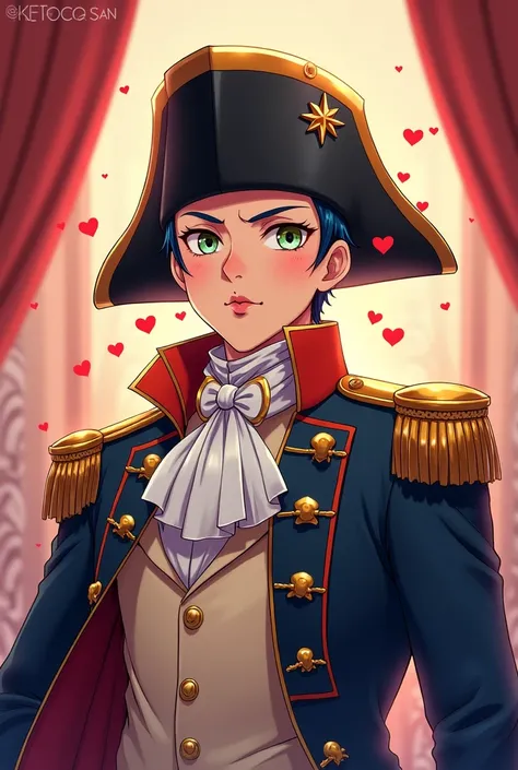 Napoleon Bonaparte blowing heart kisses at the screen in anime style