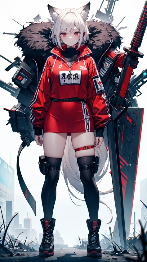 (masutepiece, Best Quality), (Perfect athlete body:1.2), (detailed hairs), Ultra-detailed, Anime style, Full body, Cyberpunk was a fox ninja girl, Wear red clothes, Black, And white street punk wear, many swords, Wear long boots, 8K High Resolution, trend ...