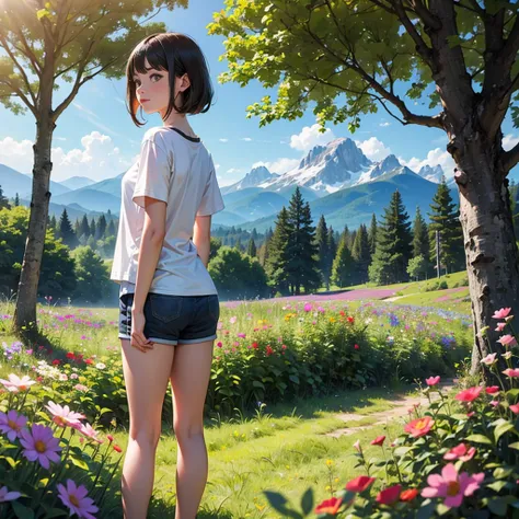 Cute girl wearing a cream t-shirt and shorts, dense forest, standing in a field of flowers, mountains, sunlight.