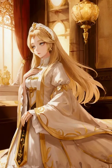 Woman, noble duchess, pearly blonde hair, light eyes, fair skin, noble clothes.