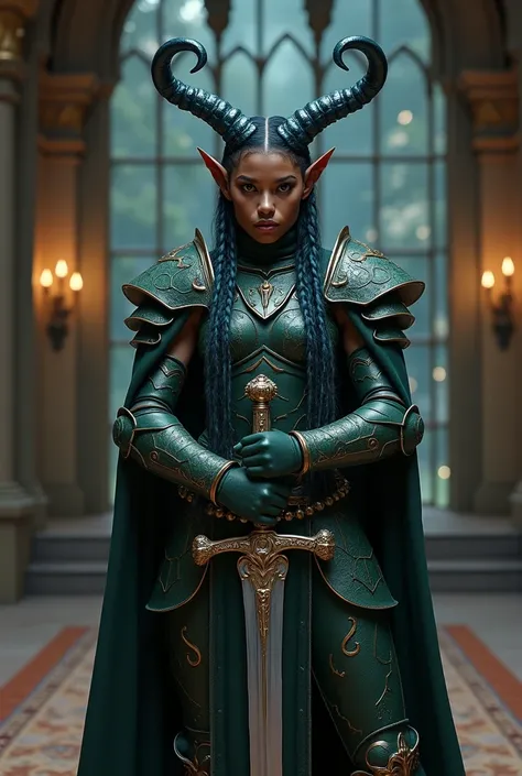 (photorealism:1.2), puerto rican looking, magical nonbinary creature, brown skin, standing, wearing dark green armor, holding a silver sword, long braided silvery dark blue hair, with dark blue 
horns, indoors, warm lighting, royal castle in background, wi...