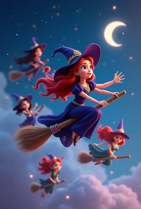 Disney Pixar 3D Disney Princesses dressed as witches for Halloween on their broomsticks 