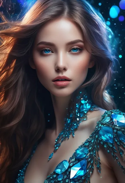 An alien girl whose body is made of minerals, diamond, Topaz, (best quality, highres, ultra-detailed), portraits, vivid colors, studio lighting, realistic, long hair flowing in the wind, sparkling eyes, otherworldly beauty, surreal atmosphere