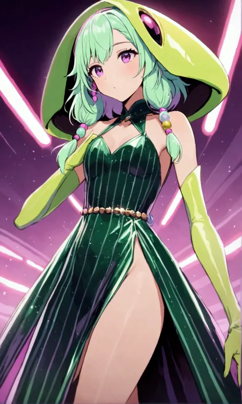 cute yuna (age 25, in the role of a sexy green alien, alien glamorous dress with sequin details, high heel with neon high lights), she has an unimpressed look, model strut down alien runway
