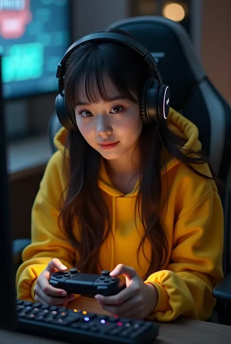 A REALISTIC Korean woman in a yellow hoodie,  The girl is sitting, He has black headphones on, and in his hands he holds a console controller, She is sitting in a gaming chair