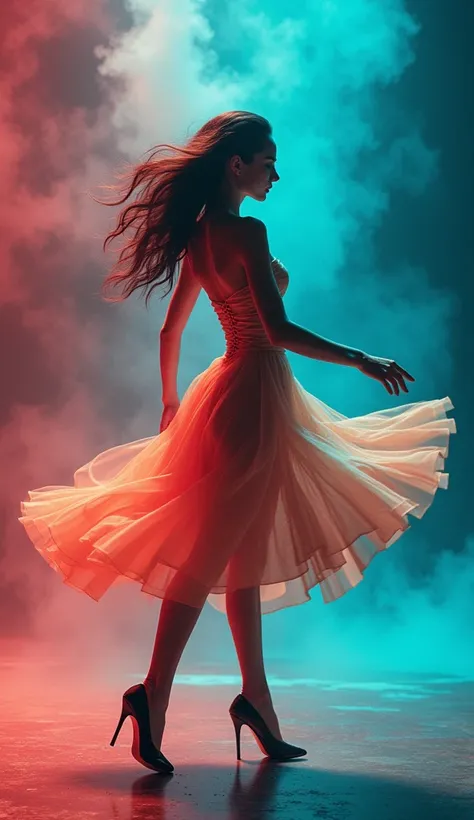 A woman in high heels, graceful steps, elegant dance moves, intricate choreography, dynamic motion, dramatic lighting, cinematic atmosphere, vibrant colors, surreal environment, abstract background, energy and momentum, photorealistic, 8k, highly detailed,...