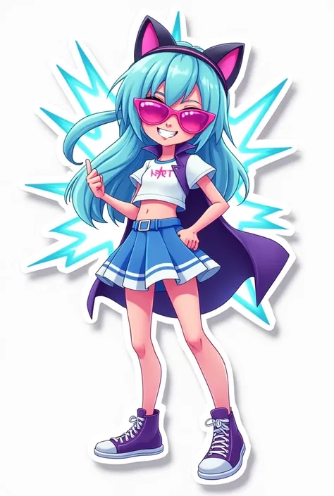 Stickers of clash with light blue hair white rays white shirt blue skirt with white edges and purple conver shoes pink sunglasses with black and black cat ears headband game girl and a cape for a logo