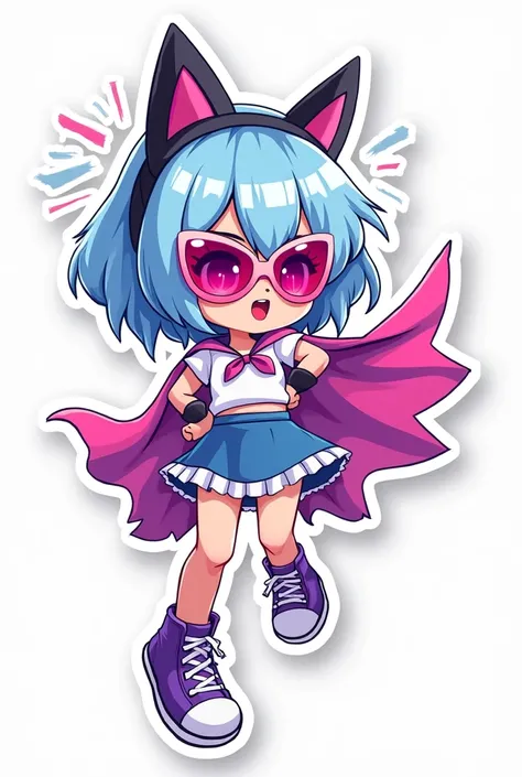 Stickers of clash with light blue hair white rays white shirt blue skirt with white edges and purple conver shoes pink sunglasses with black and black cat ears headband game girl and a cape for a logo