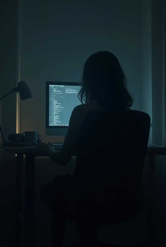 Measure a photo of a woman in the room sitting in the chair on the PC with more mysterious led light with a black shadow covering the view of the realistic face 