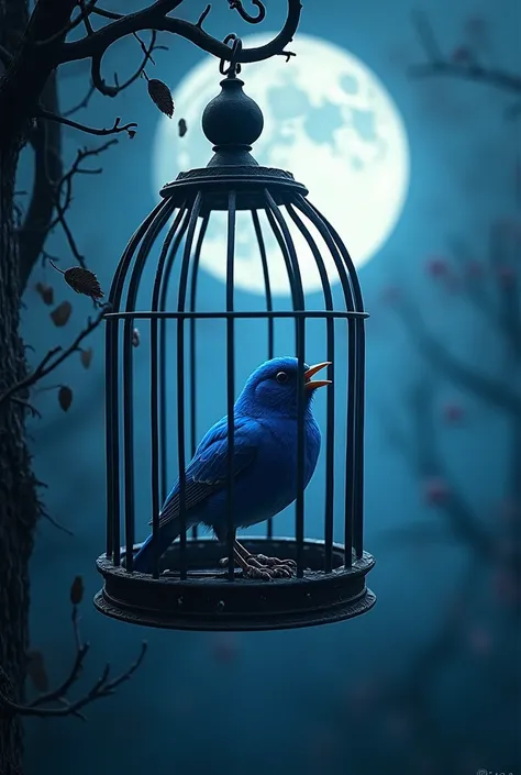  Blue bird singing in the cage at night where the moon is visible