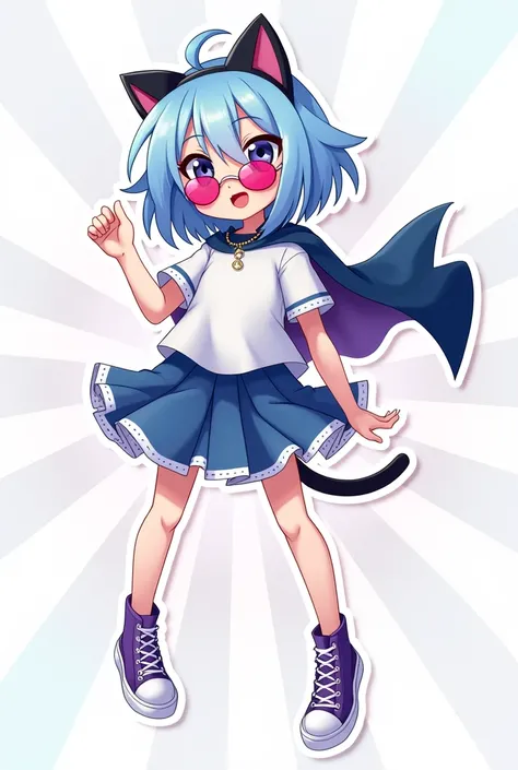 Stickers of clash with light blue hair white rays white shirt blue skirt with white edges and purple conver shoes pink sunglasses with black and black cat ears headband game girl and a cape for a logo saying hello